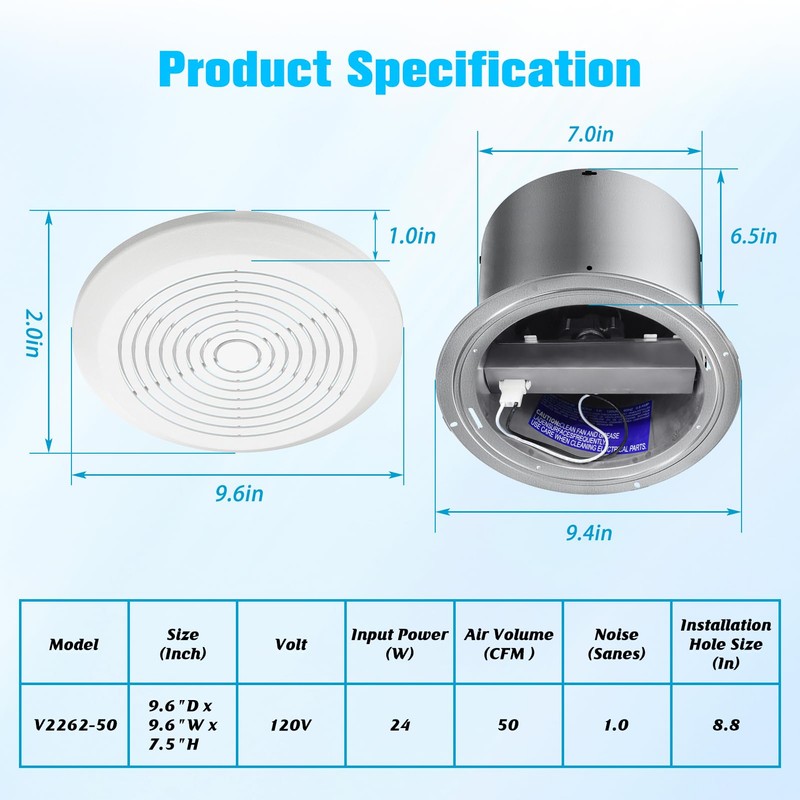 V2262-50 7 Inch Bathroom Exhaust Fan, 1.0 Sones, 50 CFM