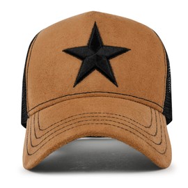 ililily Premium Star Embroidery Cotton Trucker Hat Distressed Baseball Cap (US, Alpha, Medium, Brown Suede)