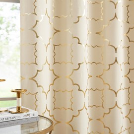 Blackout Window Curtain for Bedroom Living Room Moroccan Foil Metallic Print Curtains Room Darkening Energy Saving Grommet 95% Blackout Drapes for Patio Hall Studio, 2 Panels, 52" Wx63 L, Beige/Gold