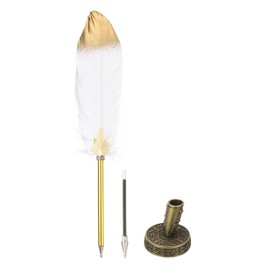 PATIKIL Feather Pen Quill, Feather Ballpoint Pen Bulk Refined Vintage Feather Calligraphy Pen with Bronze Pen Holder for Guest Signature Wedding Bridal Office Writing, White