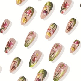 Almond Press on Nails Medium Length Fake Nails Spring Flowers Glue on Nails Glossy False Nails with Colorful Floral Designs Full Cover Reusable Acrylic Stick on Nails for Women Girls 24Pcs