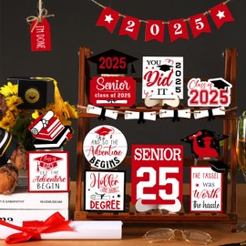 22 Pcs 2025 Graduation Tiered Tray Signs Sets Farmhouse Wooden Class of 2025 Graduation Signs for Home Party Tiered Tray Table Office Desk(Red)
