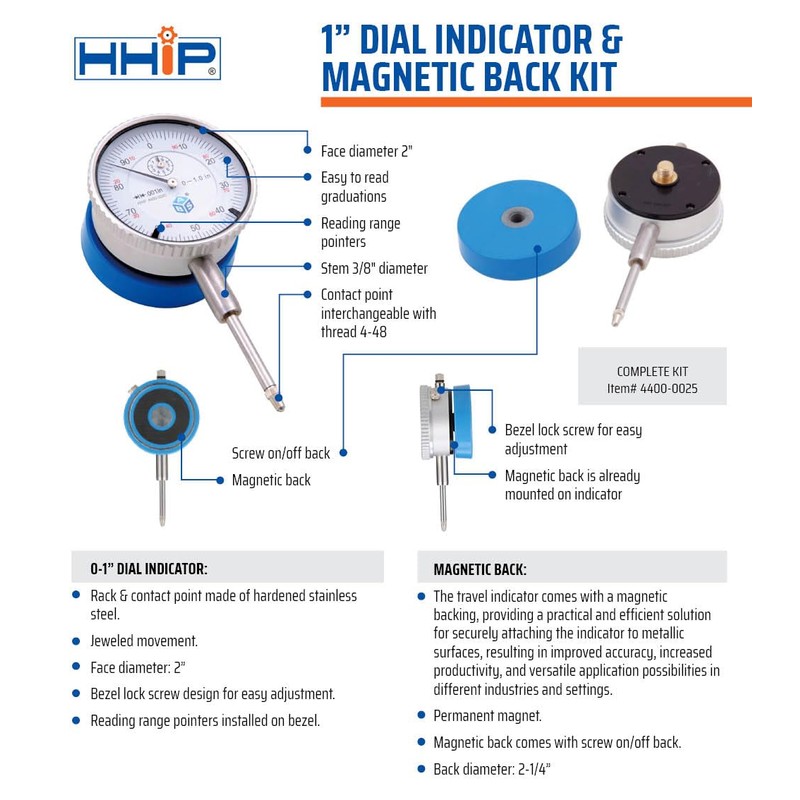 HHIP 4400-0025 1" Dial Indicator and Magnetic Back Set