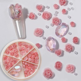 HYWWPFLA Rose Camellia Flowers Nail Charms 3D Flower for Nails White Nail Pearls Nail Rhinestone Gems Resin Floral Nail Art Design Nail Decoration Manicure Accessories (Pink)