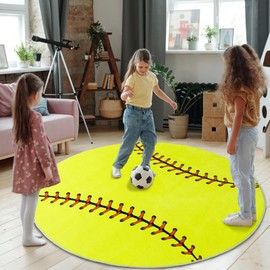 MASTIEE Soft Circle Softball Rug, Cute Shag Bedside Area Rug for Kids Teens, Softball Lovers Room Decor Indoor Floor Round Carpet for Kids Room Bedroom Living Room, Nursery, Machine Washable,47 Inch