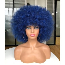 CoCrowns Afro Wigs for Black Women Short Curly Afro Wig Natural Looking Synthetic Full Wigs for Party Cosplay (Ombre Blue)