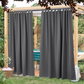 NICETOWN 2 Pieces Extra Wide 84" Outdoor Curtainss for Patio Waterproof, Detachable Hook & Loop Self-Sticky Tab Top Blackout Outdoor Blinds Drapes Heavy Weight for Cabana/Terrace, 84" Long, Grey