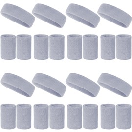 24 Pcs Grey Sweatbands Set Include 8 Pcs Sports Headband and 16 Pcs Cotton Wristbands 80s Neon Sweat Bands Bulk for Gym, Tennis, Basketball, Running, Exercise
