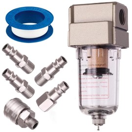 Jiavlyx Compressed Air Filter, Water Separator, Oil Separator, 1/4 Inch Connection Water and Oil Separator, with 4 Quick Connectors and a Teflon Tape, for Pressure Regulator Pneumatic Compressor