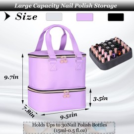 FCQQYWZ Nail polish Case, Nail Polish Organizer Bag and Nail Dryer Case Holds 30 Bottles (15ml/0.5 fl.oz) and a Nail Lamp, Travel 2 Layer Nail Polish Storage with Sturdy Handles(Purple)