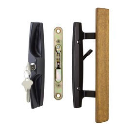 FPL Lanai Sliding Glass Door Handle and Mortise Lock Set with Oak Wood Pull in Black Finish, Includes Key Cylinder, Standard 3-15/16” CTC Screw Holes, 1-1/2" Door Thickness