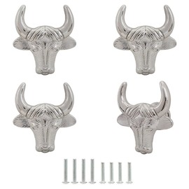 Decorative Cabinet Knobs, Vintage Metal Cattle Cow Head Shape Knobs Pulls Handles for Drawer Cupboard Closet Dresser Knob Decor Rural Style Kitchen Hardware Furniture Handle 4 Pcs (Silver)