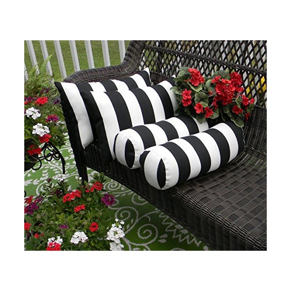 RSH Decor Indoor / Outdoor Set of 4 Decorative Bolster / Neckroll and Rectangle / Lumbar Pillows - Black and White Stripe