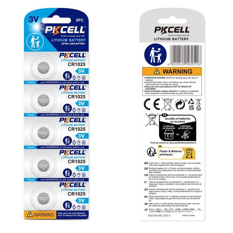 PKCELL 5-Pack CR1025 Lithium Battery 3V CR 1025 Battery, 5-Year