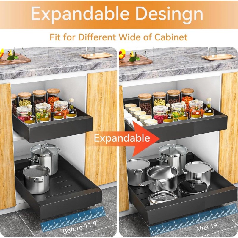 Merrylun Expandable Pull Out Cabinet Drawers Organizer Slide Shelves with