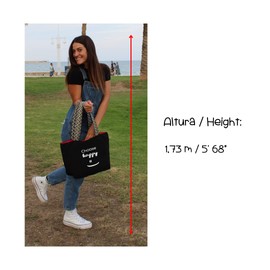 hello-bags Ladies Premium Canvas Bag With Outer Zipper, Interior Zip Pocket And Red Canvas Lining. Gift Wrapped, Choose Happy Black