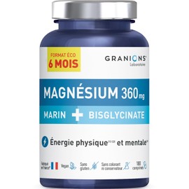 GRANIONS - Magnesium Tabletten - Magnesium Bisglycinat - Magnesium Komplex - Marines Magnesium + Magnesiumbisglycinat + Vitamin B6 - Für den Stoffwechsel und die Muskeln - Anti Stress - 180 Tabletten