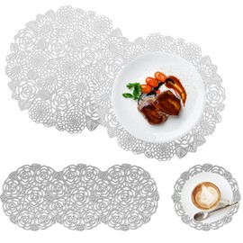 Spldsun Set of 6 Round Place Mats and Coasters, PVC Place Mat Round Silver, Silver Hollow Round Place Mat for Non-Slip, Scratch-Resistant, Decorative Tables (Silver)