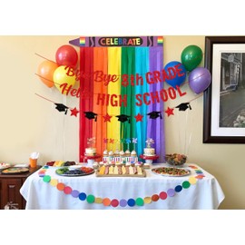 Aisosiks Bye Bye 8th Grade Hello High School Banner, 8th Grade Graduation Banner, 8th Grade Graduation Decorations 2025, Boys Girls Eighth Grade Grad Party Supplies (Red)