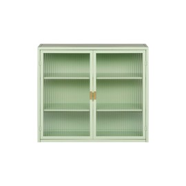 SPOFLYINN Removable Wooden Wall Cabinet Double Windowpane Glass Doors Bathroom Wall Cabinet Over The Toilet Adjustable Shelves Green Iron+Tempered Glass 1 PHO_10ZU Rectangular