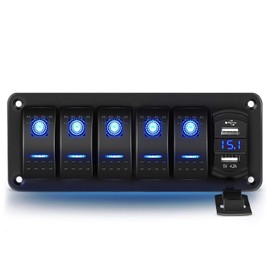 Greluma 5 Gang Wippschalter Aluminiumplatte mit Voltmeter und Dual USB (4.2A) Schnellladung, blau beleuchtete LED, vorverdrahtet, IP65 wasserdicht für Marine, Boot, Auto, LKW (blau)