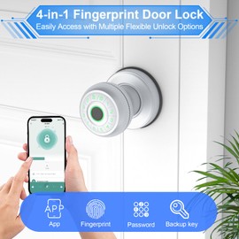 Gavdhe Fingerprint Door Knob-Fingerprint Door Lock with Keypad & App Control-Smart Door Knob,Silver - Ideal for Apartment, Bedroom, Office
