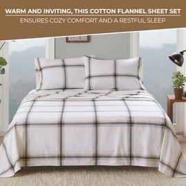 Woolrich Cotton Sheet Set Cottage Charms Print, 100% Cotton Flannel Sheets Warm & Fuzzy Bedding Set Queen Size Sheets, Fitted Pocket Fits Up to 12" Mattress, Queen Tan Plaid 4 Piece
