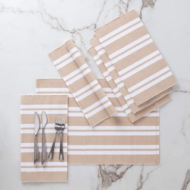 Encasa Ribbed Cotton Placemats (Set of 6), Franca Beige Stripes, 48 x 33 cm, Over 20 Modern Colours and Woven Designs Washable Fabric Placemats