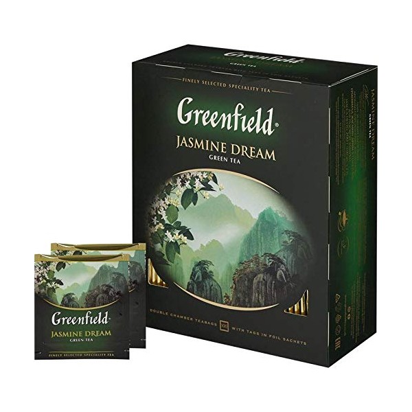Greenfield Jasmine Dream Green Tea Collection Finely Selected Speciality Tea 100 Double Chamber Teabags With Tags in Foil Sachets