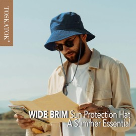 TOSKATOK� UPF 50+ Unisex Safari Outback Australian Style Cotton Bush Hat with Wide Brim, Detachable Chin Strap, Side Press Studs and Air Vents-Denim-60