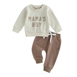 ZAXARRA Toddler Newborn baby boys Fall Outfits Long Sleeve Letter Print Sweatshirt Tops Pocket Pants Casual Clothing Sets (Apricot Light Coffee, 12-18 Months)