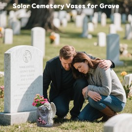Solar Cemetery Vases for Grave, Resin Angel Headstones Vases with Spikes for Fresh Artificial Flowers, Grave Markers for Cemetery Memorial Day Decor, Memorial Gifts for Loss of Loved One (White)