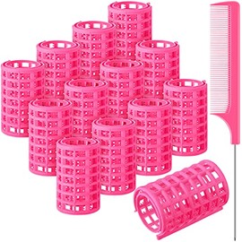 Syhood 12 Pcs Pink Plastic Hair Rollers for Women Large Size Curlers Set Snap Roller Clips with Rat Tail Comb for Long Medium Short Hair Bangs, Salon 