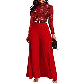 VERWIN Patchwork Overlay Embellished Plain Women's Jumpsuit High-Waist Woman Romper (X-Large, Red Sequin)