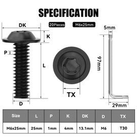 Wavanta 20Pcs M6 Bolts, M6 x 25mm Flanged Button Head Screws, Torx Bolts, 304 Stainless Steel, Fully Threaded, Black Oxide with Torx Key
