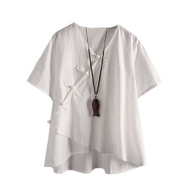 Minibee Women's Linen Retro Chinese Frog Button Tops Blouse White 3XL