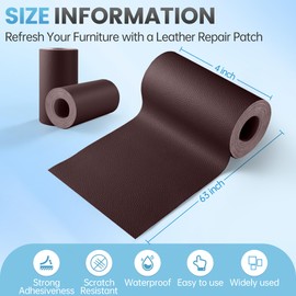 Leather Repair Patch Tape Kit, 4" x 63" Self Adhesive Leather Repair Patch for Furniture, Vinyl Leather Repair Kit for Car Seat, Chairs, Couch, Sofa, Boat Brown