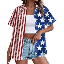 Ithalt 4th of July Hawaiian Shirts Women American Flag Patriotic Short Sleeve Button Down Outfits Summer Vacation Tops(Flag3, Large)