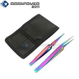 OdontoMed2011 Set of 2 Stainless Steel Multi Titanium Rainbow Color 3D Eyelash Extension Tweezers X Type Self Retracting + Pro Straight Fine Point Jewelry-Making, Laboratory Work