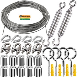 1/16 Wire Rope Kit,Vinyl Coated Aircraft Cable,7x7 Strand Core with Turnbuckles,Crimping Loop Sleeve,Cable Clip Clamp for String Light Hanging,Garden Wire,Clotheslines