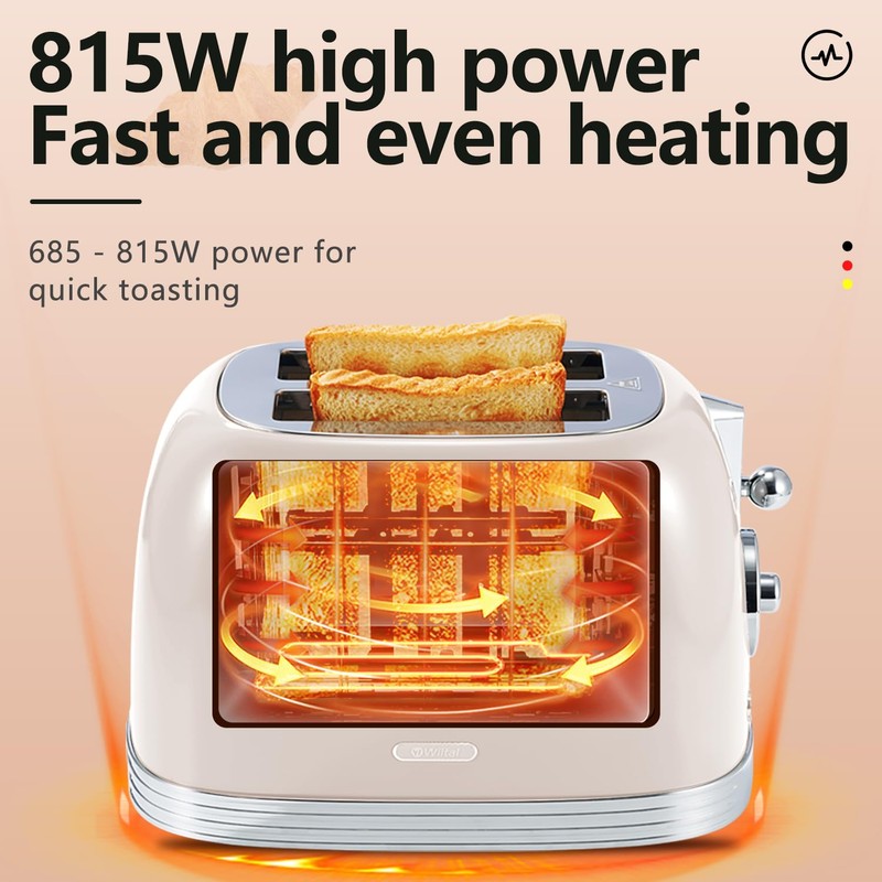 Wiltal Beige Cute Retro Toaster 2 Slice with 1.58" Wide