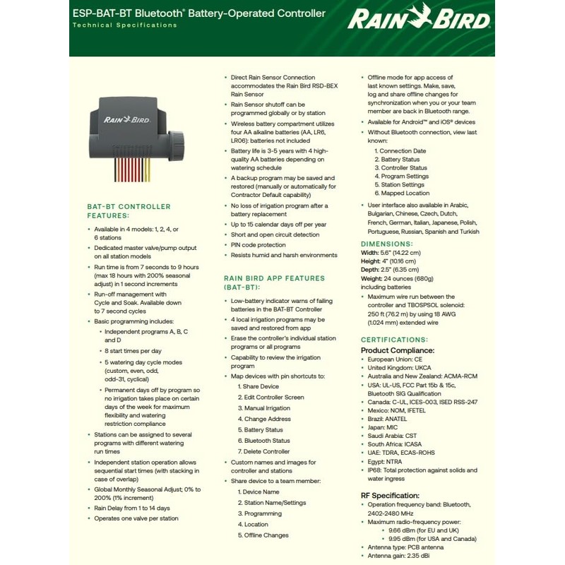 Rain Bird ESP-BAT-BT1 Advanced Bluetooth Battery-Operated Controller 1 Zone App-Controlled