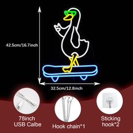 LIUOZHTEA Duck Neon Sign Cool Skateboard Glasses Duck Neon Light for Wall Decor Dimmable Duck Light Up Sign Powered by USB for Living Room Kids Room Art Wall Decor Boys Girls Gifts (16.7”*12.8”)