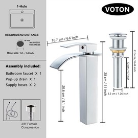 VOTON Vessel Sink Faucet Chrome Modern Tall Waterfall Bathroom Sink Faucet with Pop-Up Drain Single Handle Bathroom Faucet 1 Hole Bowl Lavatory Vanity Faucet, Rv Sink Camper Farmhouse Bathroom Faucet