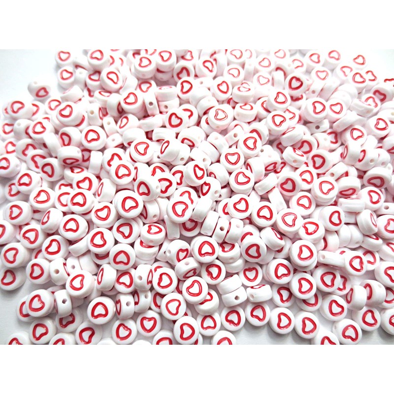 500pcs Heart Beads Round Flat White & Red 7mm Craft