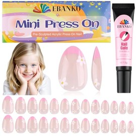 EBANKU 26 uñas postizas para niños, diseño de flores francesas para niñas de 5 a 12 años, con pegamento y almohadilla para uñas, para manualidades en 