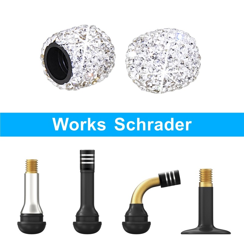 HZJD Tire Valve Stem Caps, Handmade Crystal Rhinestone, White(4 Pack)