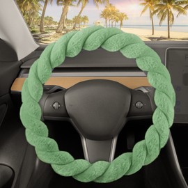 Carbella Twisted Fur Green Steering Wheel Cover, Standard 15 Inch Size Fits Most Vehicles, Fuzzy Fluffy Car Steering Cover with Soft Faux Fur Touch, Car Accessories for Women