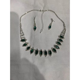 Unbranded Necklace Earrings Jewelry Set, Crystal With Dark Green Rhinestones