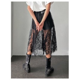 BEAUDRM Women's Floral Lace Sheer Skirt High Waisted A Line Midi Skirts Beach Cover-ups Mesh Streetwear Y2K Skirts Black XX-Large